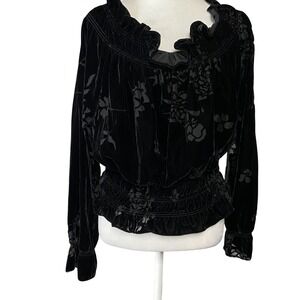 Jeffrey & Dara Evening Blouse Womens 14 Velvet Floral Ruffle Long‎ Sleeve USA
